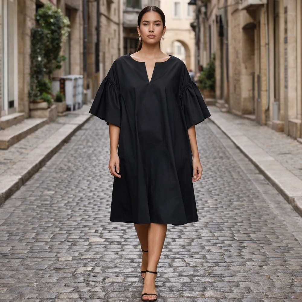 MERLETTE $480 Cambridge Dress XS/S Black Minimal Cotton Poplin A-line Tent Midi